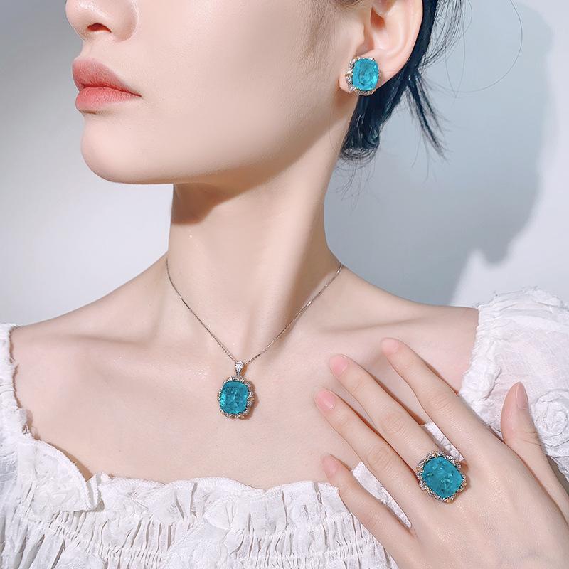 Set Jewelry Necklace Ring Stud Earrings Lotus Shape Para Blue Light Luxury Women