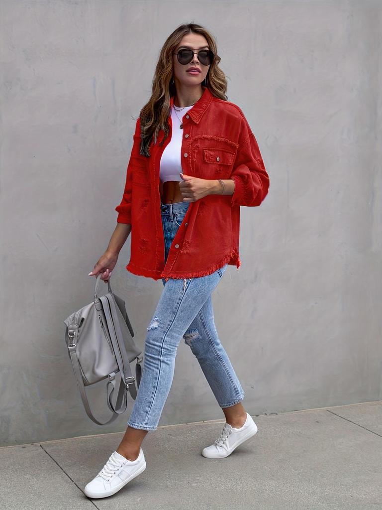 Nowa Damska Jednokolorowa Kurtka Jeansowa Cross-Border - Luźny Krój, Długi Rękaw, Rozdarte Wzornictwo - Gorąca Sprzedaż