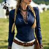 Blusas y camisas de cuello tipo polo de manga larga con estampado de colores sólidos informales de moda para mujer para primavera y otoño