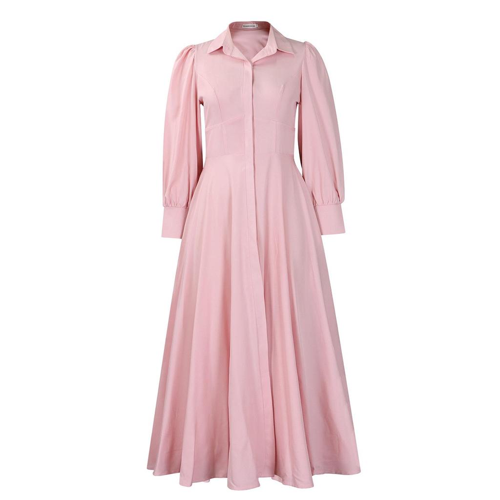 D570 Elegant Women's Long Sleeve Swing Shirt Dress, Solid Color Mid-Length African Style