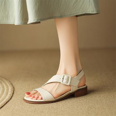Fashion New Genuine Leather Summer Sandals Women Round Toe Shoes Chunky Heel Open Toe Back Strap Sandals for Women Cow Leather Sandals