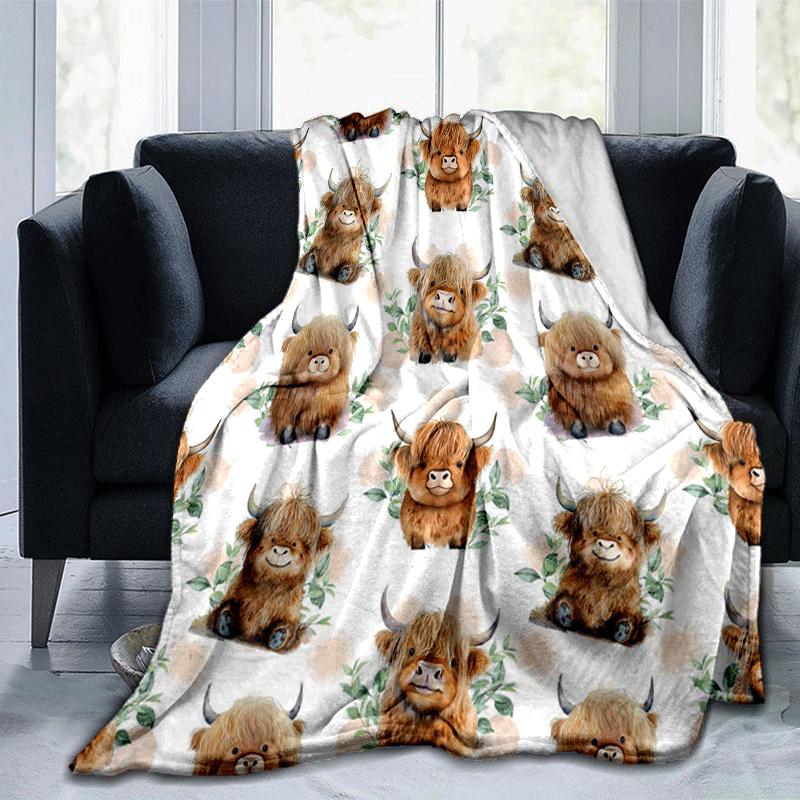 1pc Highland Cow Printing Lightweight Flannel Blanket, Comfortable and Warm Blanket, for Camping Sofa Bed and Couch Office, in All Seasons