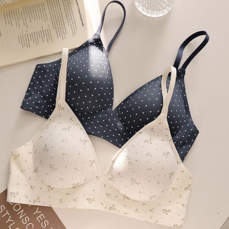 Girl conceived floral polka dot soufflé breathable triangle cup underwear without steel ring gathering comfortable anti-sagging bra