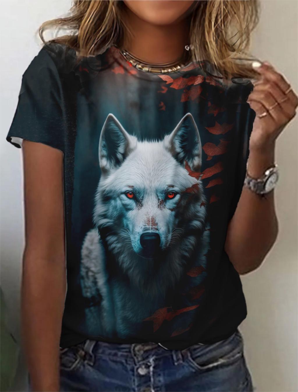 

Модна жіноча футболка з 3D-принтом із зображенням вовка Літня футболка з коротким рукавом великого розміру Одяг з поліефірного волокна 6XL