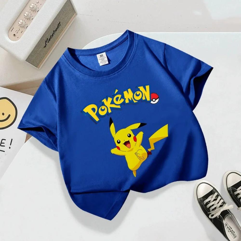 Summer Children's Playful Pikachu Print Short-sleeved Casual T-shirt for Boys and Girls, Comfortable and Soft.
