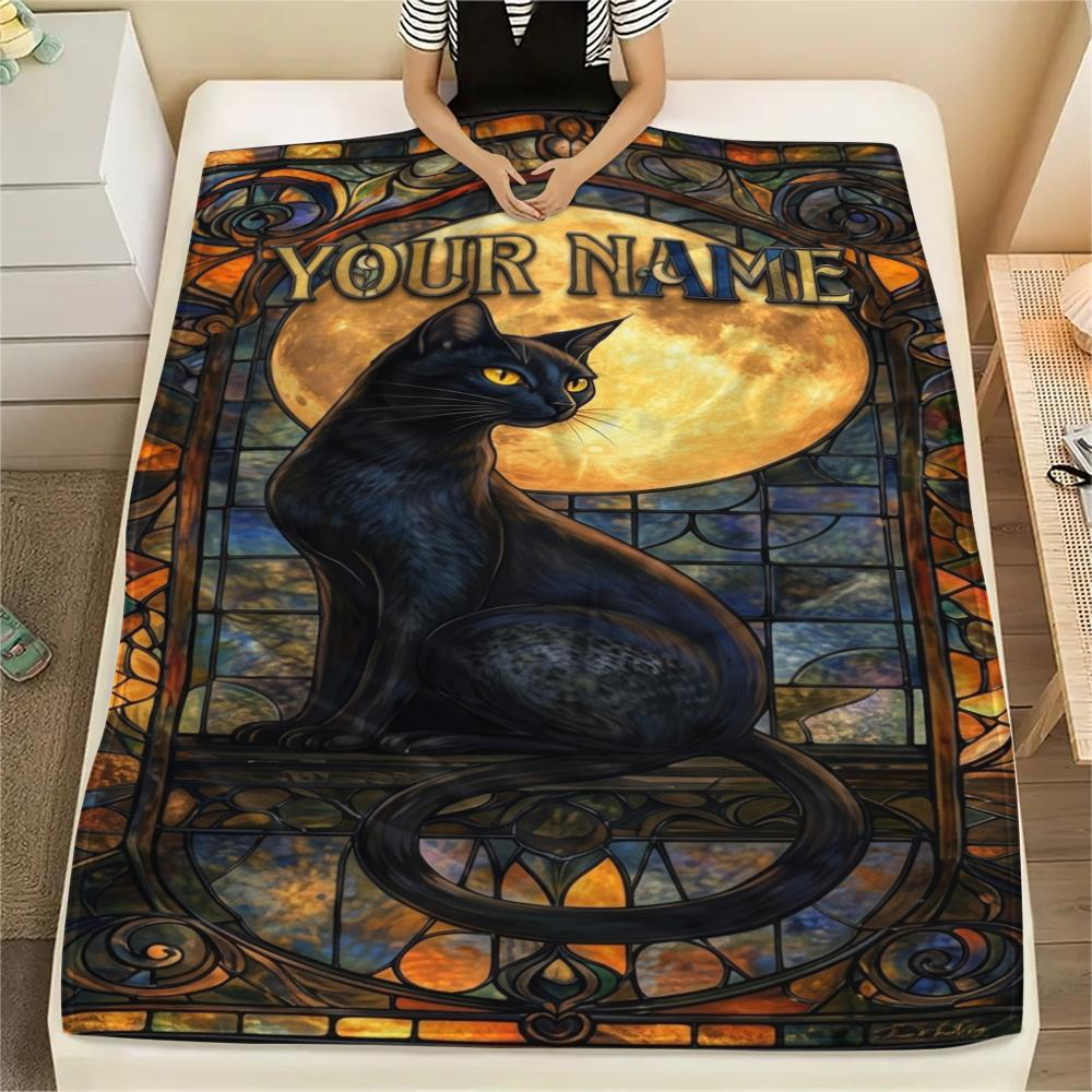 1PC Custom Name Black Cat Majesty Patterned Flannel Blanket Suitable For All Seasons for Home Decor Warmth and Comfort Gifts Holiday Present_lx