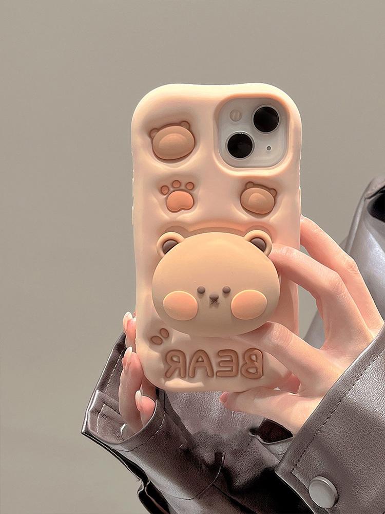 Lovely 3D Bear Hidden Holder Stand Silicone Phone Case For iPhone 11 12 13 14 15 16 Pro Max XS XR X 7 8 Plus Cute Girl Cover