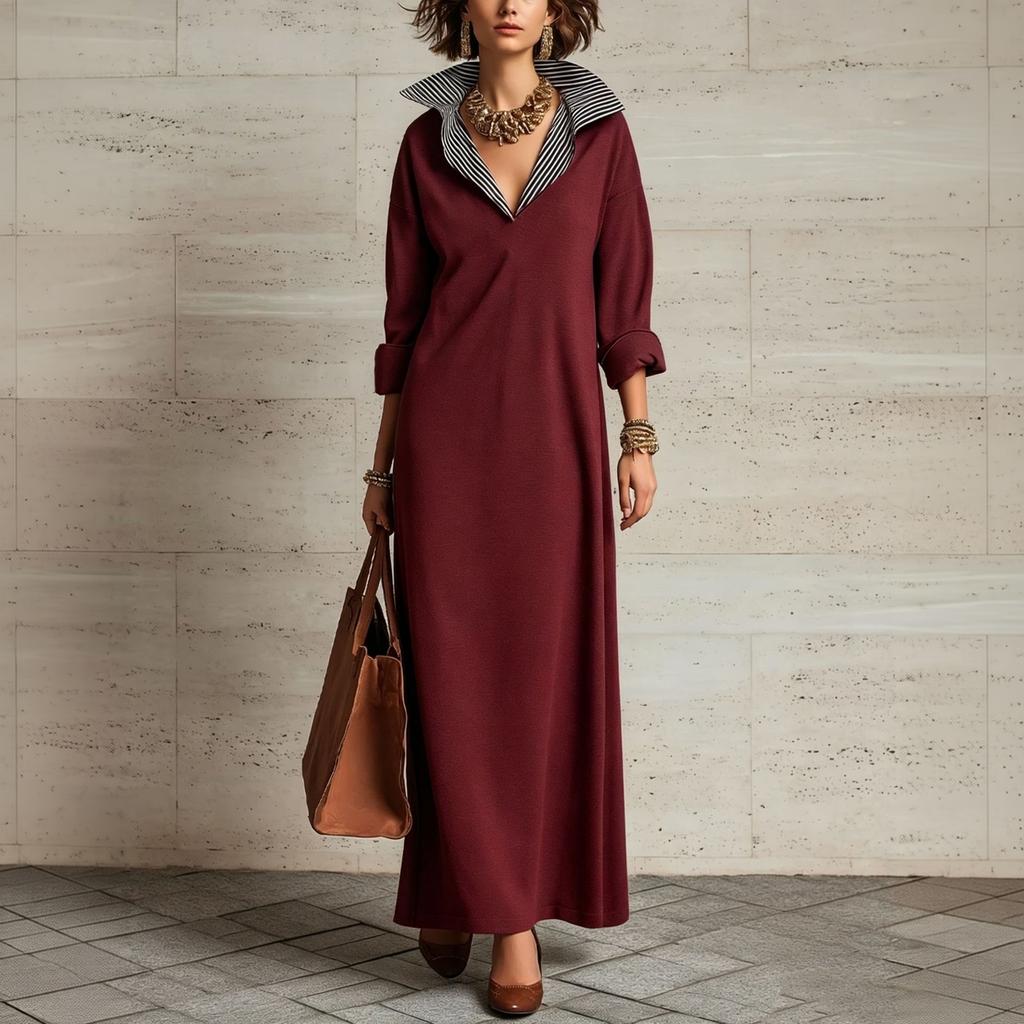 Women's Elegant Lapel Collar Long Sleeve Loose Fit Knit Maxi Dress