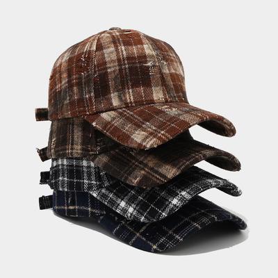 American Street Rough Edge Casual Hat Men's and Women's Retro Ripped Plaid Baseball Cap Old Polished Plaid Cap