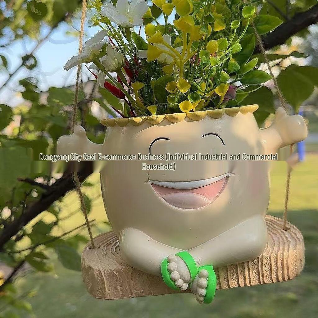 Bedårande sittande stor mage blomkruka skulptur för trädgård eller gräsmatta
