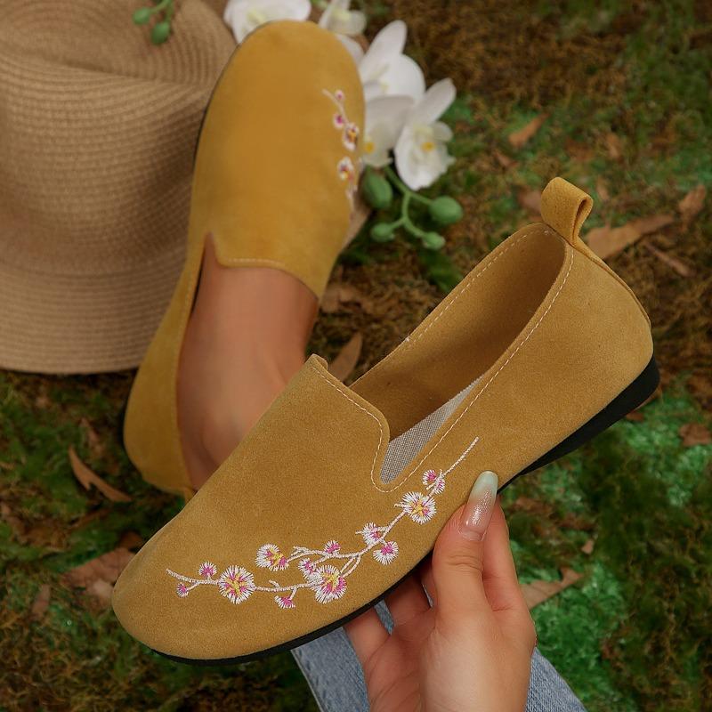 Women's Round Head Flat Embroidered Low Top Single Shoes Embroidery Shallow Four Seasons Lazy Peas Shoes