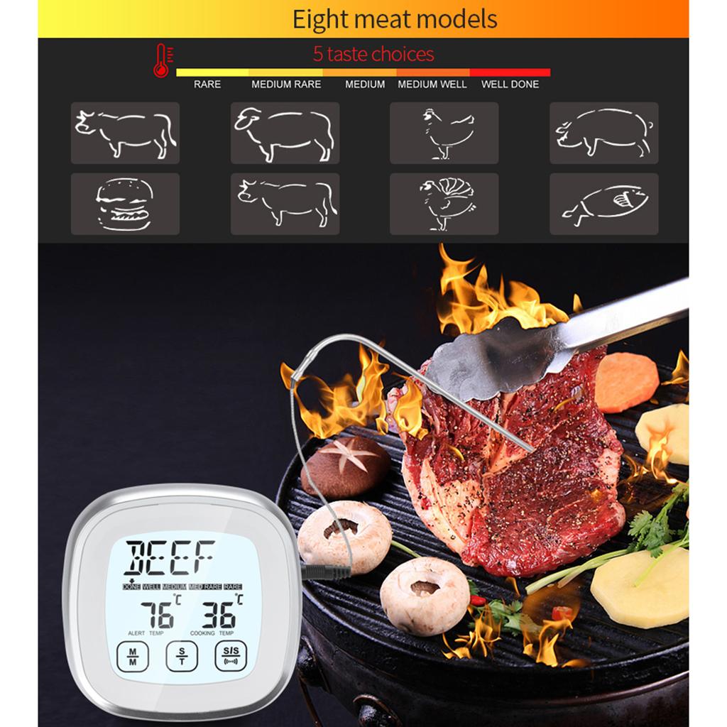 Digital Food Thermometer, BBQ Grill Mt Thermometer with Timer, 9 Preset Modes, 5 Doneness Levels, Temperature Alarm, Backlight, Magnetic Base
