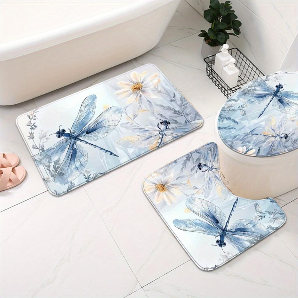 1/4Pcs Blue White Floral Dragonfly Bathroom Decor Set Waterproof Shower Curtain with Anti Slip Mat and Toilet Cover All Season Home Decor Gift