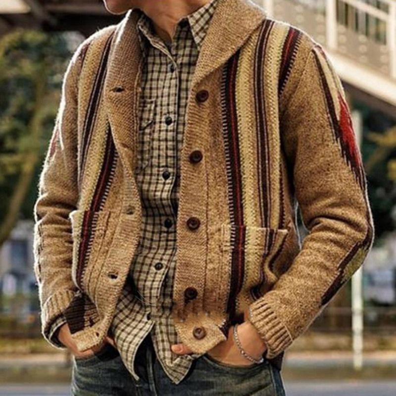 Pulover imprimat cu mâneci lungi pentru bărbați de toamnă și iarnă, tricotat cu rever, cardigan