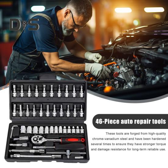 46Pcs Car Wrench Kit Strong Torque Wrenches Auto Repair Tools for Cars Bicycles Motorcycles Drive Sockets Hexagonal Kits for PH SL PZ HEX T-Drill