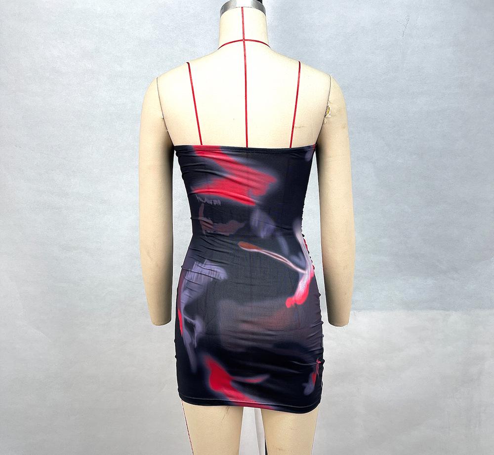 2024 Summer Women's Strapless Printed Waist-Cinching Pleated Dress