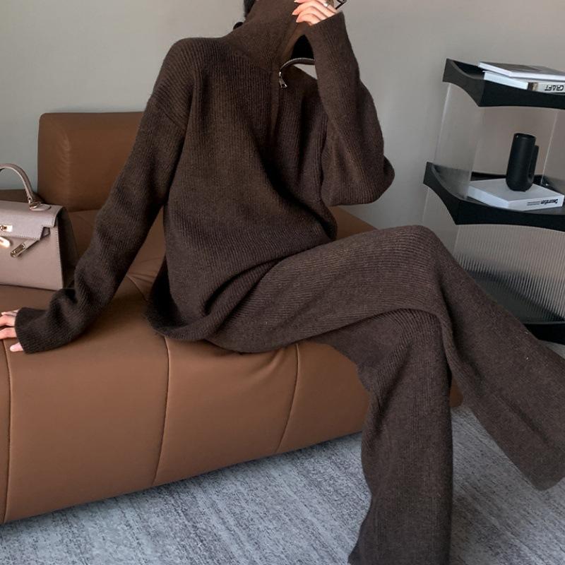 European and American style turtleneck zipper pullover sweater knitted suit women's autumn and winter loose wide-leg pants two-piece set