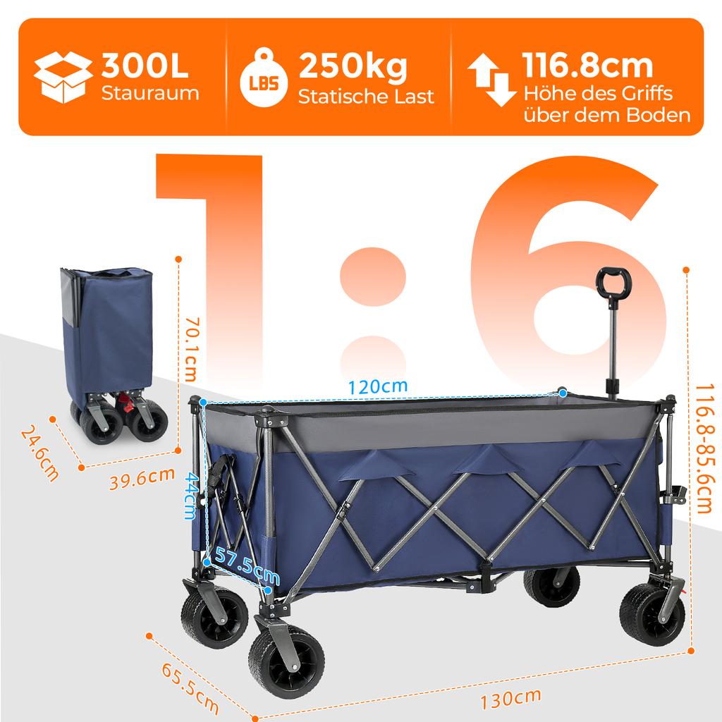 XXXL 300L 250KG Nosnost, 130cm Rozkládací vozík s Extra Širokými 17x10 cm Terénními Kolečky, Patentovaný 4-Way Okamžitý Skládací Transportní Vozík, Modrý