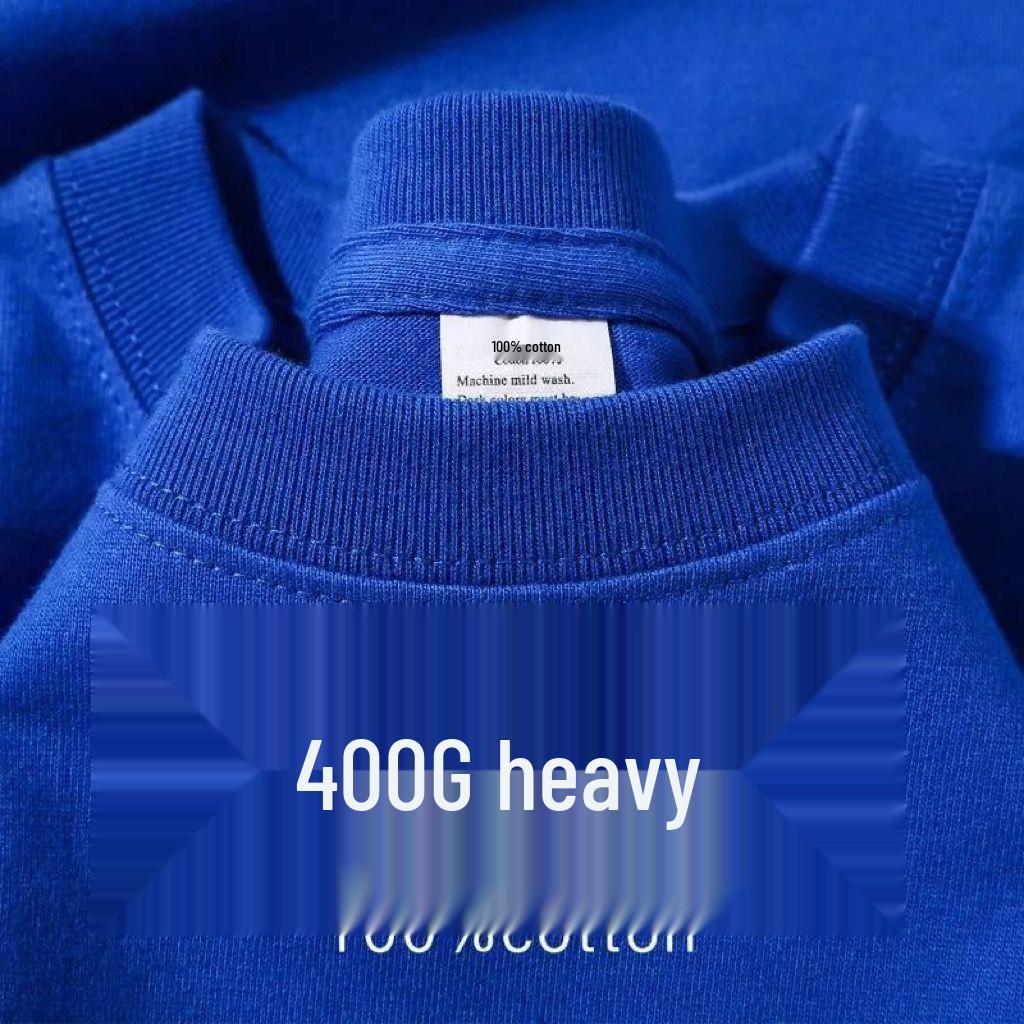 400g Heavyweight Pure Cotton Unisex Short Sleeve T-shirt - Thick, Opaque, American Style, Loose Fit, Small Collar, Plus Size.