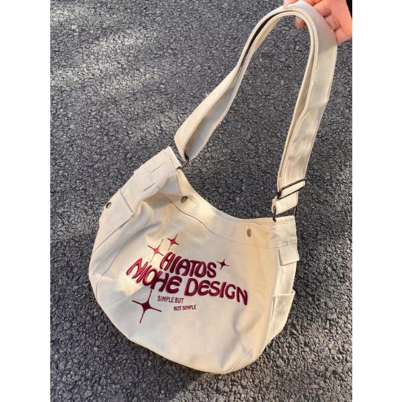 Simple Canvas Bag Large Capacity Shoulder Bag Women's Embroidered Tote Bag Bucket Bag
