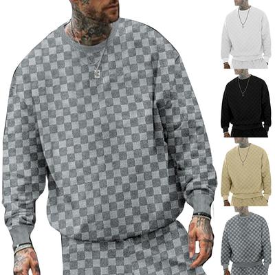 Men's Autumn and Winter Heavy Jacquard Checkerboard Checkerboard T-shirt Men's T-shirt Round Neck Casual Bottoming Shirt Knitted Long-sleeved T-shirt
