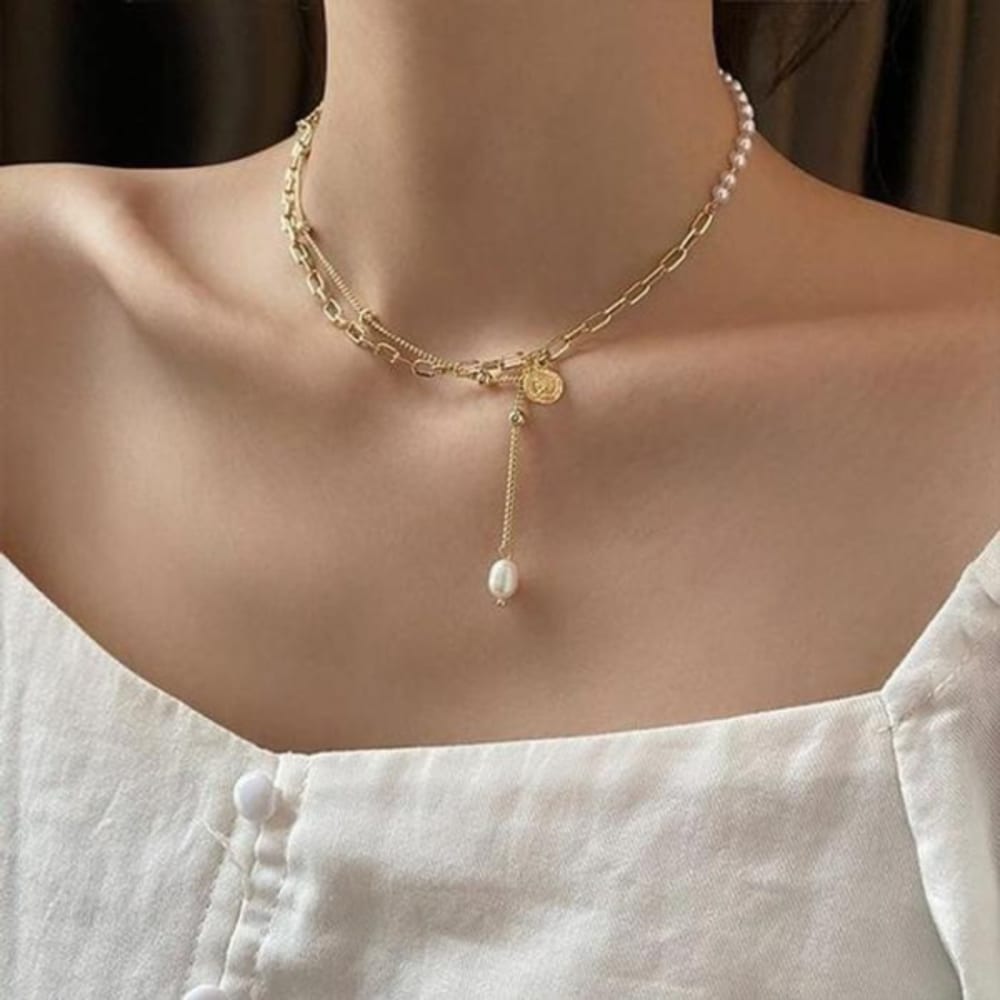 [Onoma] Onm Layered Vintage Pearl Necklace with Double Gold Chain (12094315)