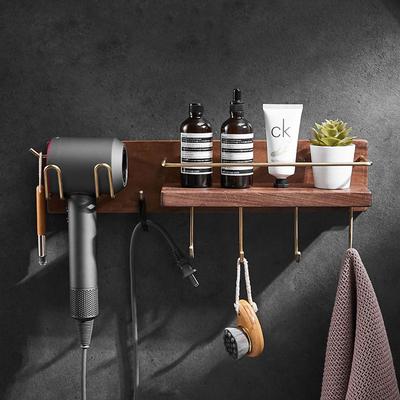 Walnuss Badezimmer Haartrocknerhalter Wandmontiertes Badezimmer Toilette Multifunktionales Lagerregal Zahnbürstenhalter Handtuchhaken