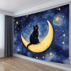 Night Sky Cat Tapestry, Watercolor Print with Black Cat On Crescent Moon, Wall Art for Living Room, Dreamy Cottagecore Decor
