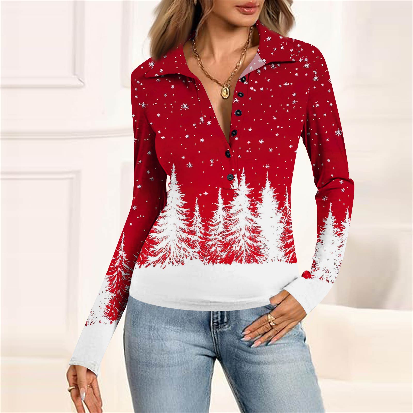 

Женская мода Повседневный принт V-образный вырез Длинный рукав Застегивающаяся на пуговицы блузка S