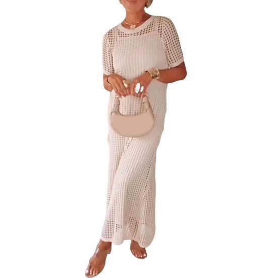 Women's Dress Cover Up Set Sleeveless Long Dress And Short Sleeve Knitted Hollow Cover Up