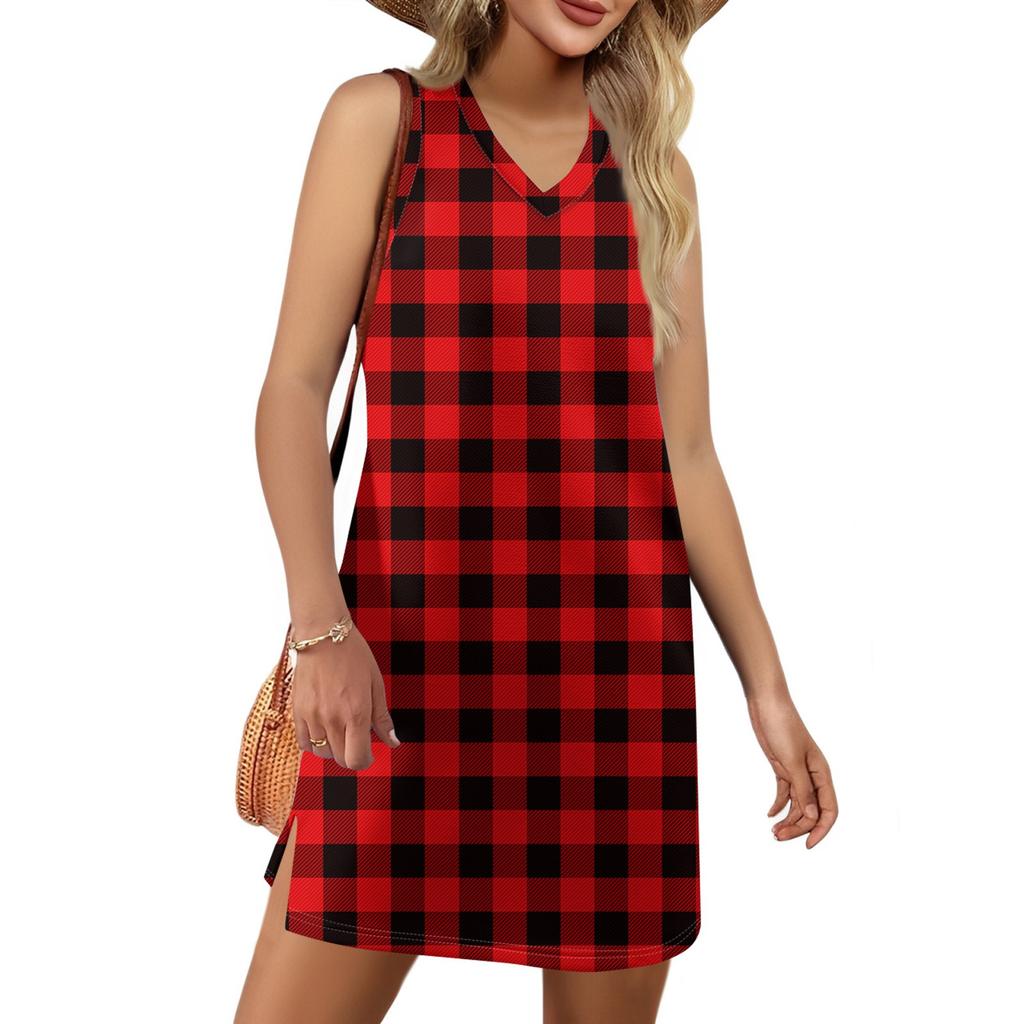 Women's V-neck Summer Casual Beach Vacation Women's Sleeveless Plaid Print Sundress