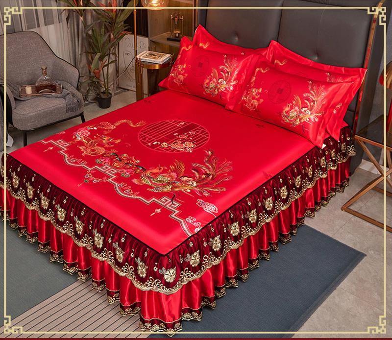 Luxuriöser roter Bettrock aus Hochzeitsspitze, eisweiche Matte, Tagesdecke im chinesischen Stil für Doppelbetten, dreiteiliges Set, maschinenwaschbar