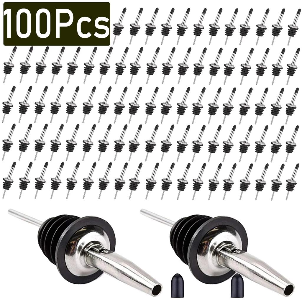 36-100Pcs Bottle Pourers Stainless Steel Liquor Spout Wine Bottle Stopper with Rubber Dust Caps For Olive Oil Bar Accessories