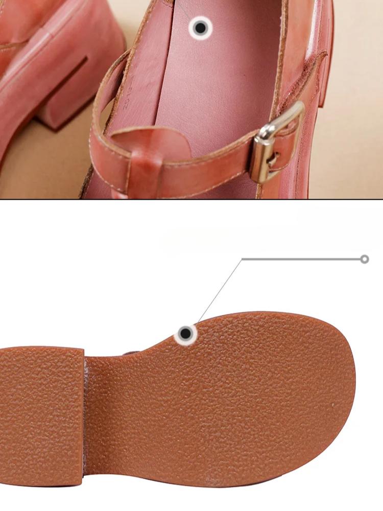Johnature Escarpins Haut de Gamme en Cuir de Vache à Boucle en T Peu Profonde Rétro Semelle Épaisse Fait Main Chaussures à Plateforme pour Femmes