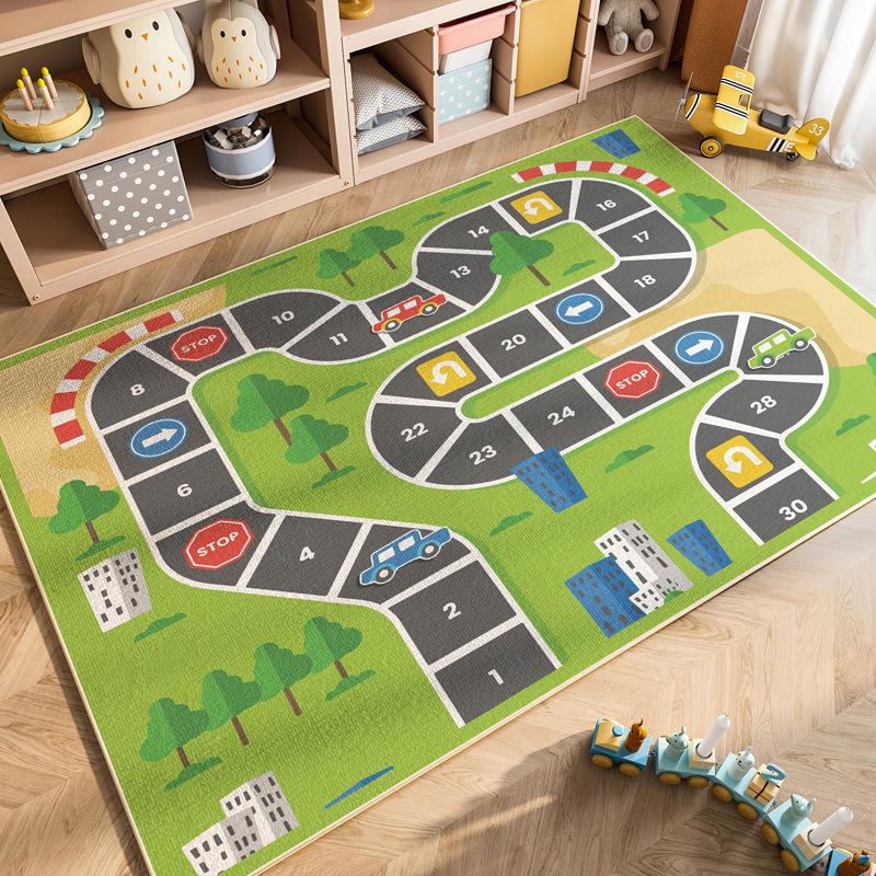 Cartoon Car Traffic Crystal Pile Carpet Children's Room Climbing Mat Home Non-Slip and Dirt Resistant Living Room Mat