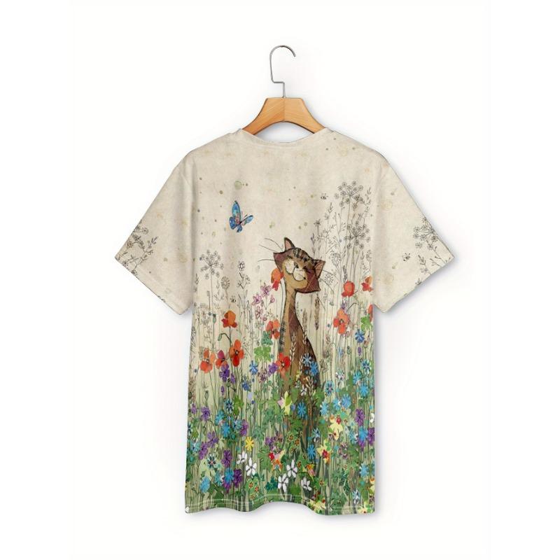 Women's Tee - Tabby Cat in Flower Meadow Graphic, Whimsical Garden Print Design for Casual Daily Wear