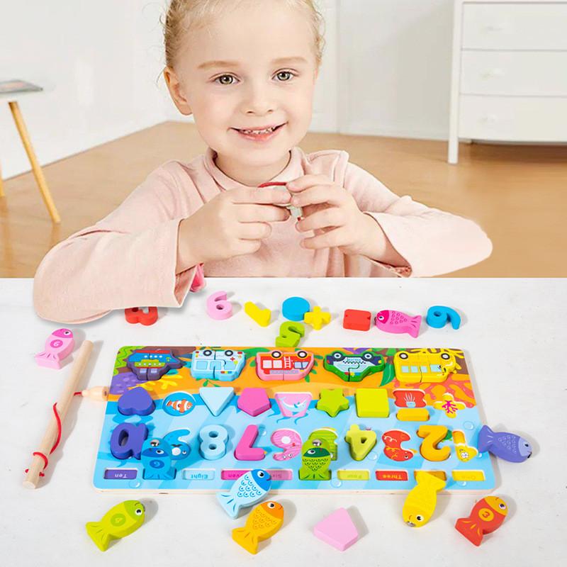 Fishing Childrens Wooden Logarithmic Board Letter Shape Pairing Toy Learning For