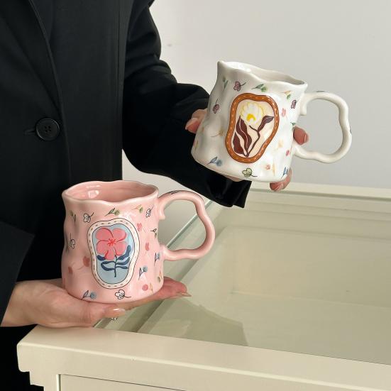 Ceramic Coffee Mug with Ergonomic Handle Irregular Floral Pattern Mug Dishwasher Safe Novelty Cup for Coffee Tea Milk