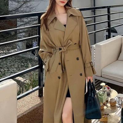 Women's Double Breasted Long Trench Coat Windproof Lapel Slim Overcoat with Belt Windbreaker