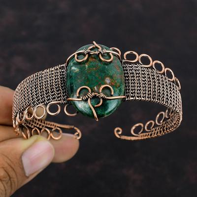 Kupferit Chrysokoll Armreif Kupferdraht umwickelter Armreif Verstellbarer Armreif Handgefertigter Kupferdrahtschmuck Edelsteinarmreif Jubiläumsgeschenk
