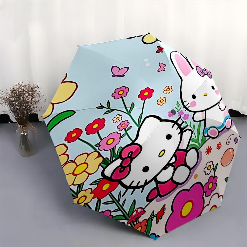 1pc Hello Kitty & Little Twin Stars Automatic Folding Umbrella - Portable 3-Fold Design with 8-Rib Iron Frame, Perfect for Outdoor Use, Festive Gifts,