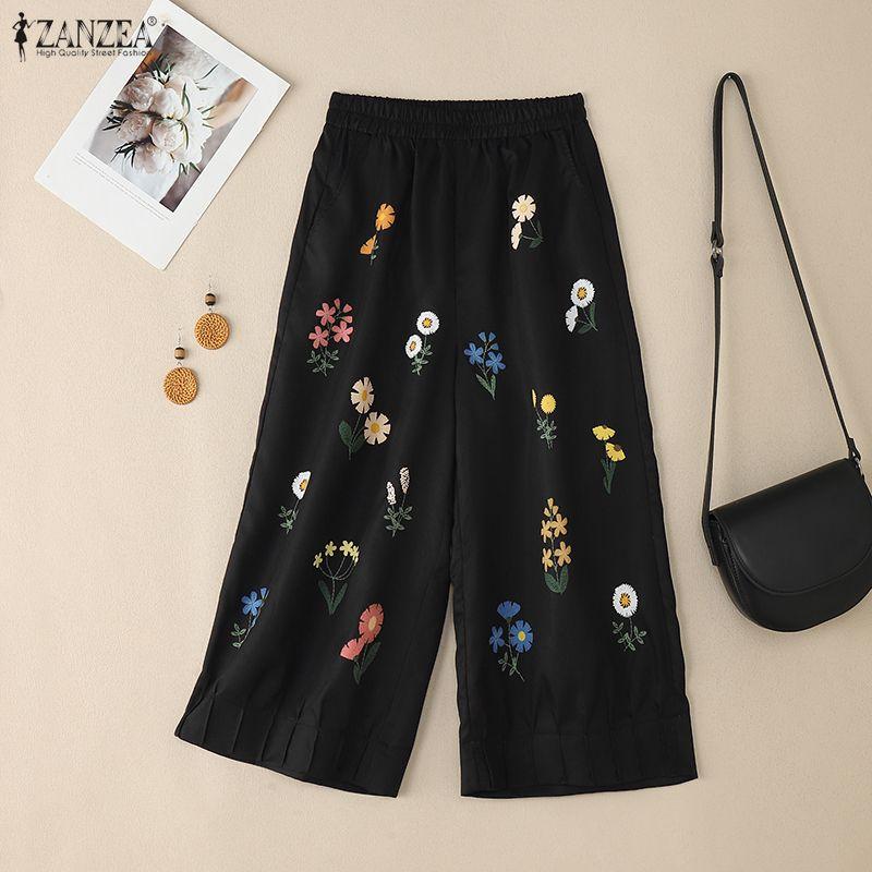 ZANZEA Women Summer Elaatic Waist Loose Casual Floral Croppe Pants