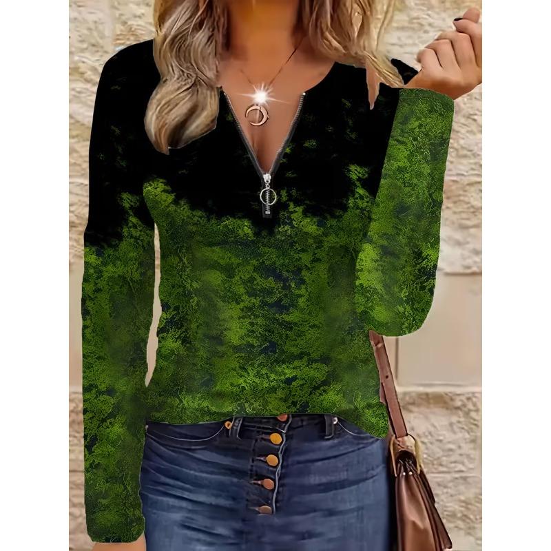 Women's spring and autumn fashionable long-sleeved zipper T-shirt - 3D full body digital printing design party wear