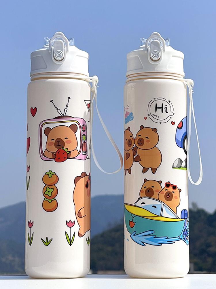 800ml Capybara Sports Water Bottle with Straw & Handle Portable Drinking Bottle Travel Water Cup for Boys Girls Daily Use