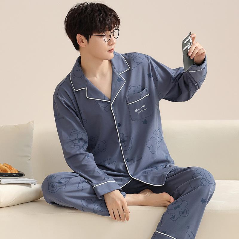 Herren Pyjama Anzug Frühling Herbst Langarm Schlafanzug Set Männlich Ethnischer Stil Loungewear