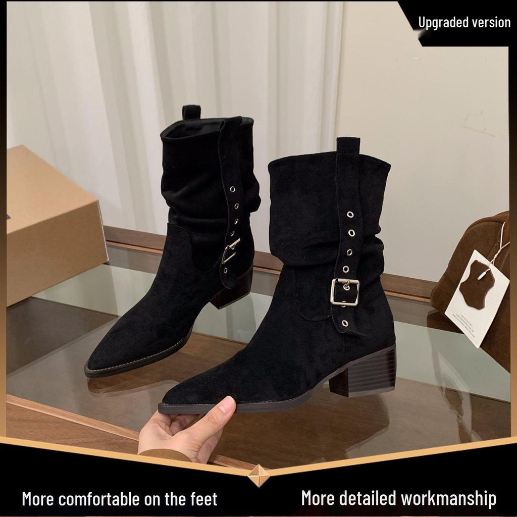 Women's Suede Pointed Toe Mid-Calf Western Boots - Autumn/Winter 2025 Collection
