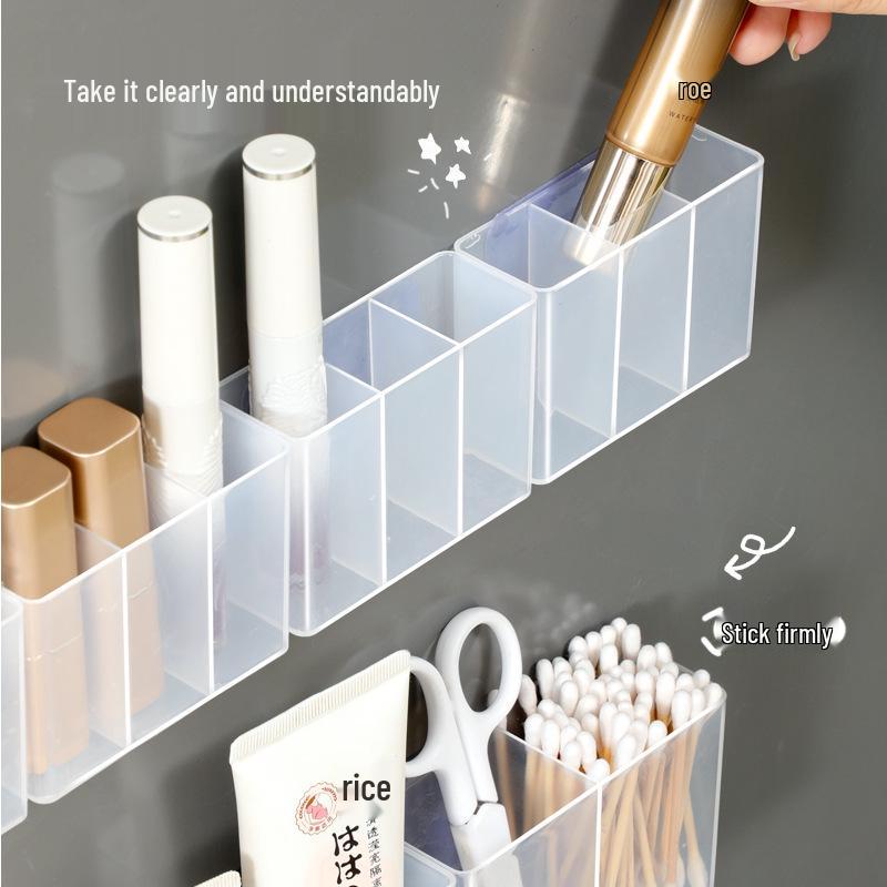 Wall-Mounted Makeup Organizer: No-Punch Translucent Tri-Compartment Eyebrow Pencil, Lipstick, and Brush Holder.