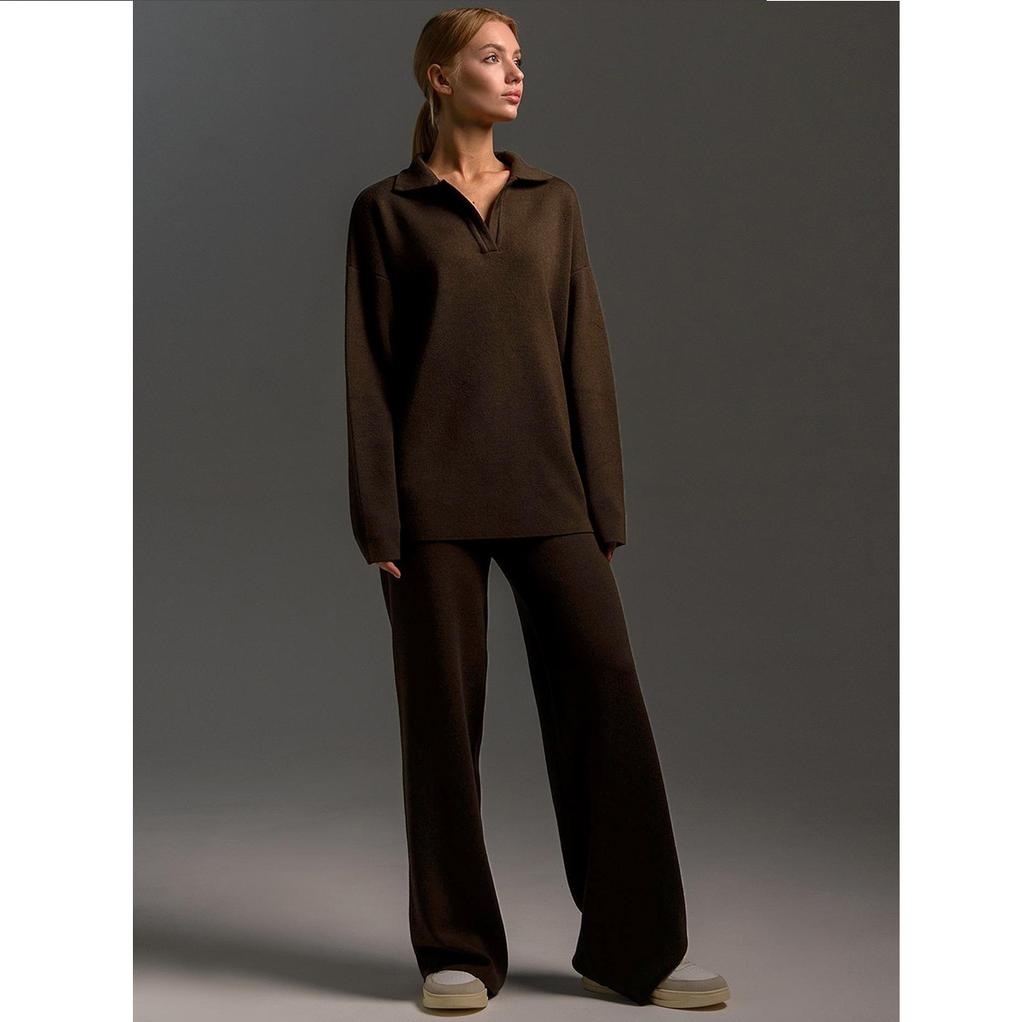 Solid Color Lapel Sweater Set Knit Sweater+straight Leg Wide Leg Pants Two-piece Set High Neck