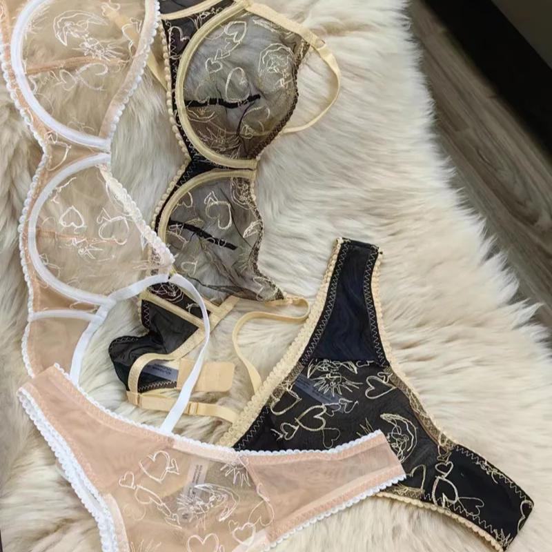 Set de lenjerie de corp cu broderie din dantelă franțuzească pentru femei Set sutien push up ultrasubțire și respirabil Lenjerie de lux Sutien și tanga romantice