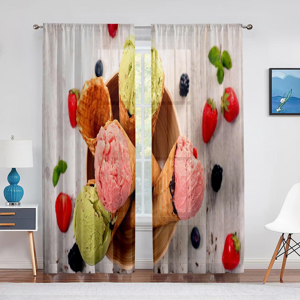 Ice Cream Summer Theme Chocolate and Fruity Flavor Tulle Window Curtains for Living Room Bedroom Decorative Sheer Voile Curtain